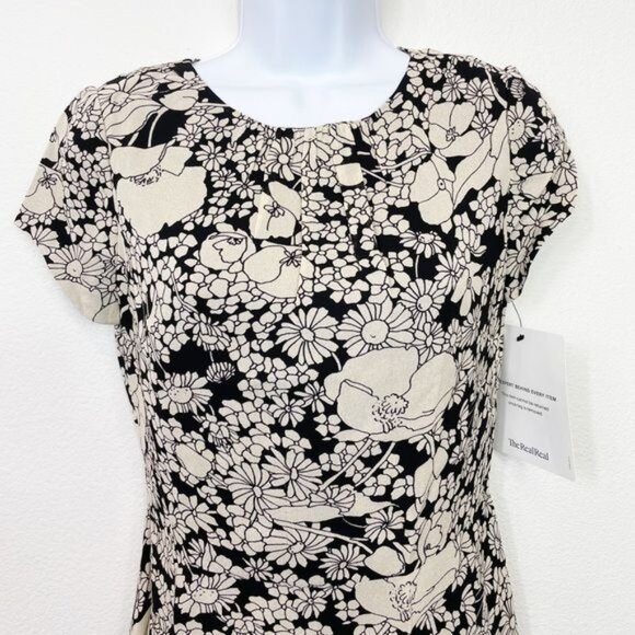Saint Laurent Paris Silk Black White Floral Cap Sleeve Shift Dress Size 36 Small - Picture 4 of 10